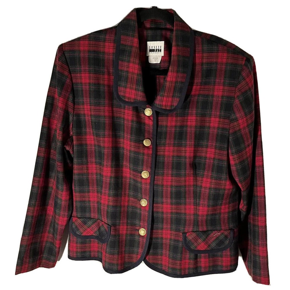 VINTAGE LESLIE FAY WOMENS 16 BLAZER JACKET TOP RED BLACK PLAID HOLIDAY PARTY NYE